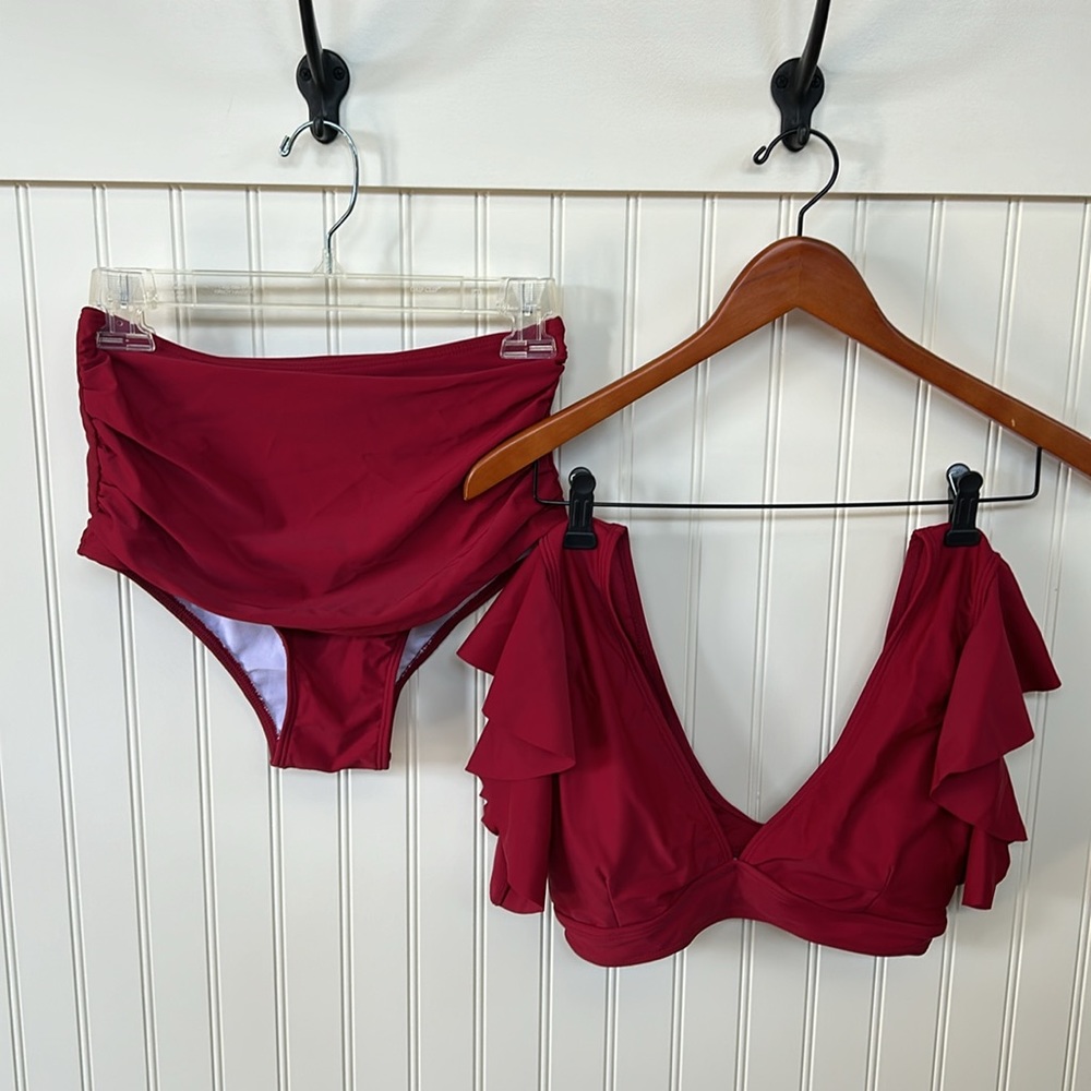 Swim suit two piece never worn color red high waisted bottoms ruffle top cute - Picture 9 of 14